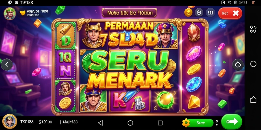 Screenshot permainan Slot TKP188 menampilkan gulungan penuh warna dan fitur menarik.